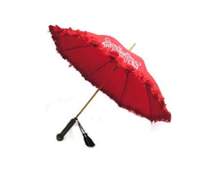 46 inch Bridal Shower Wedding Red Floral Ruffles Umbrella Parasol With Gold Frame